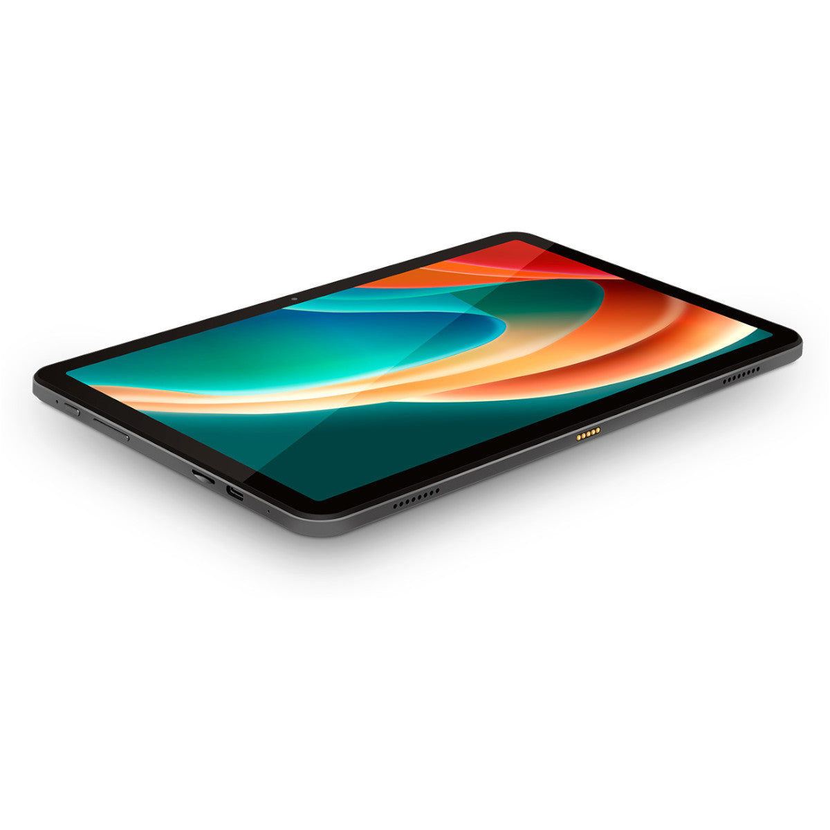 Un tablet grigio su una superficie bianca. Lo schermo mostra arte astratta colorata.