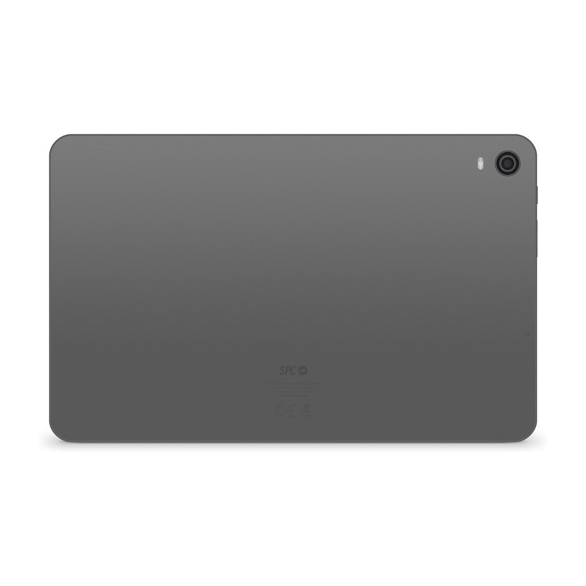 Tablet grigio, vista posteriore, su sfondo bianco.