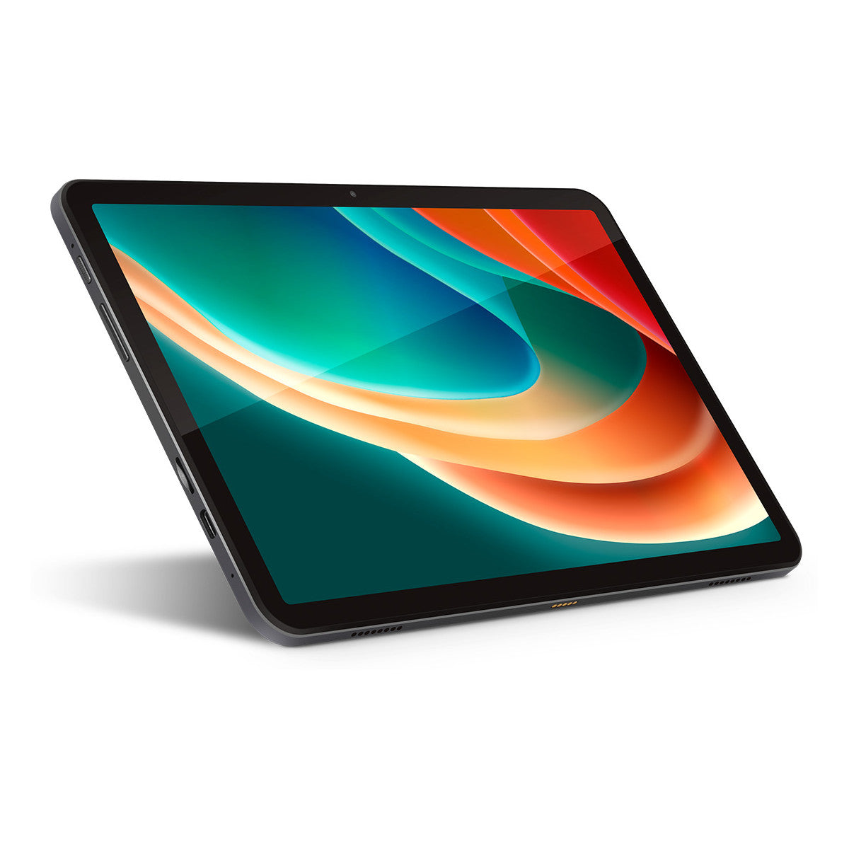 Un tablet leggermente inclinato con uno schermo colorato su sfondo bianco.