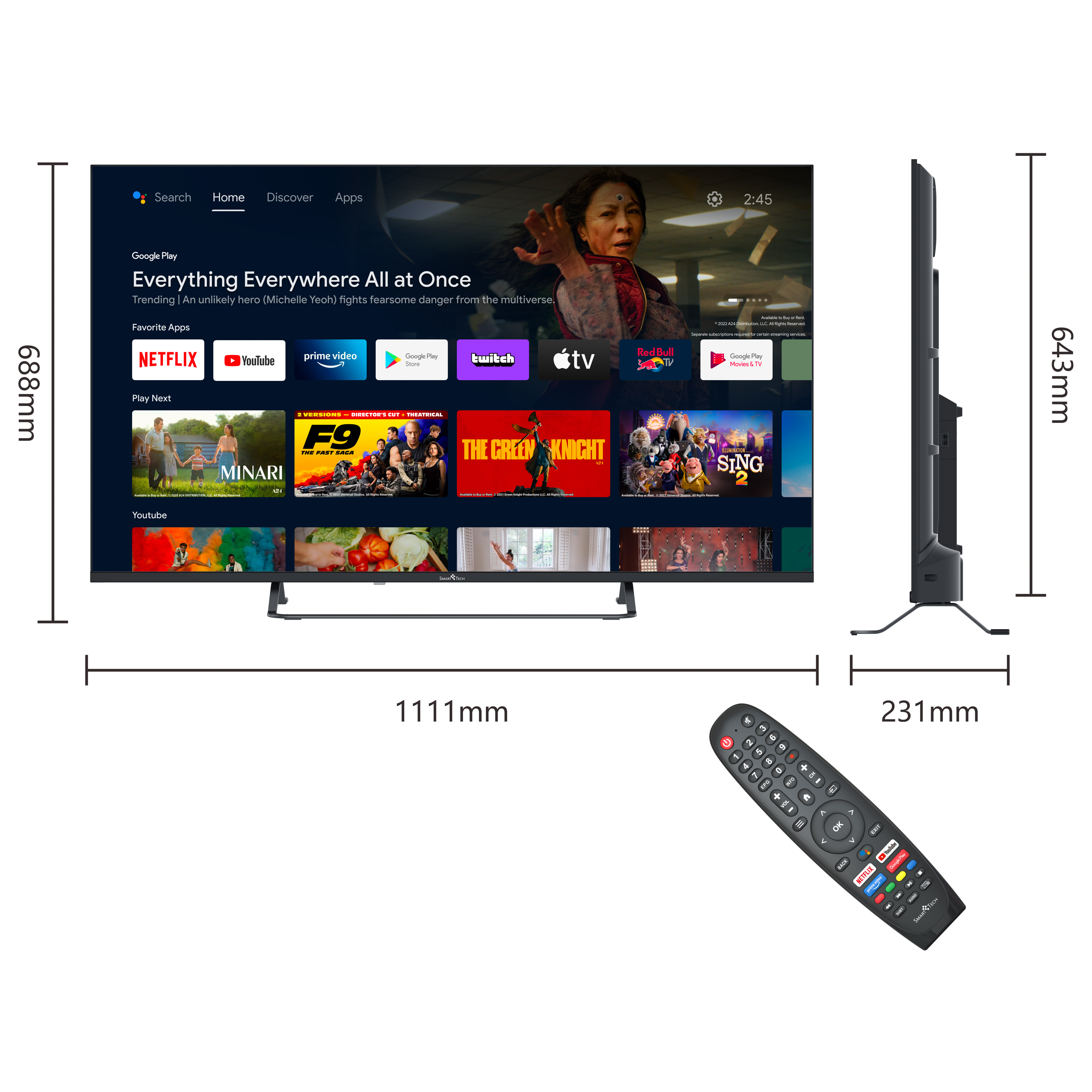 Una pantalla de TV mostrando una película, con dimensiones y un mando a distancia.