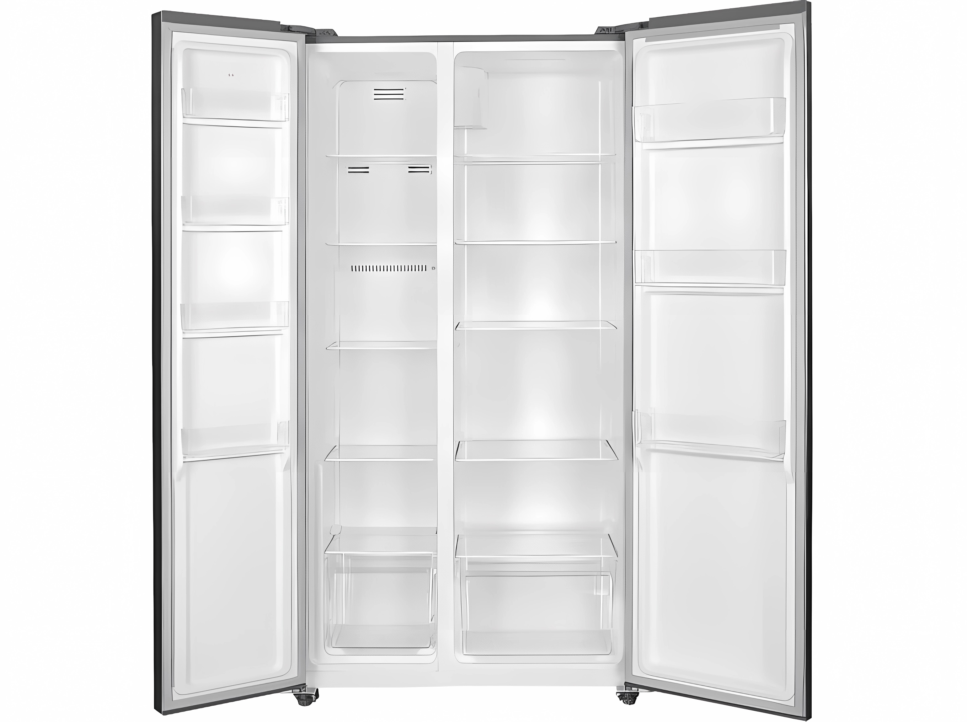 Refrigerador blanco abierto con estantes, cajones y almacenamiento lateral.