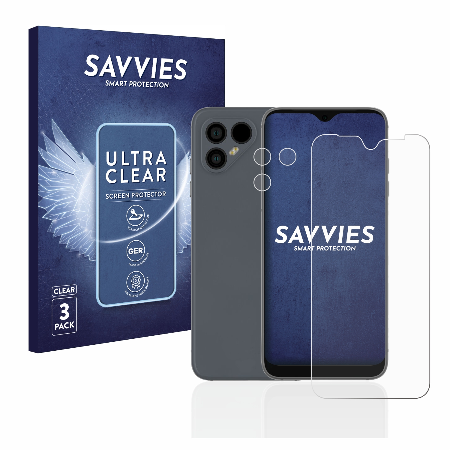 Displayschutzfolie mit Telefon und Box. Telefon ist grau, Displayschutz ist klar.