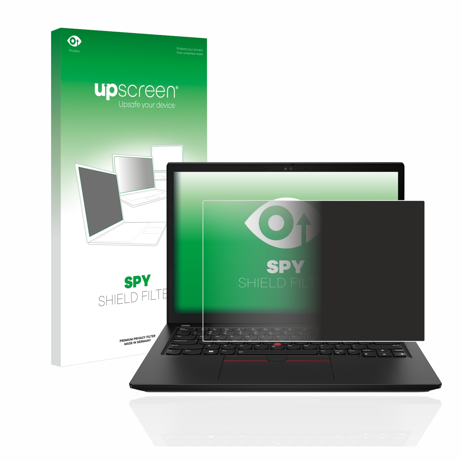 Ein Laptop mit Blickschutz und eine Box mit den Worten 'Privacy' und 'up screen'.