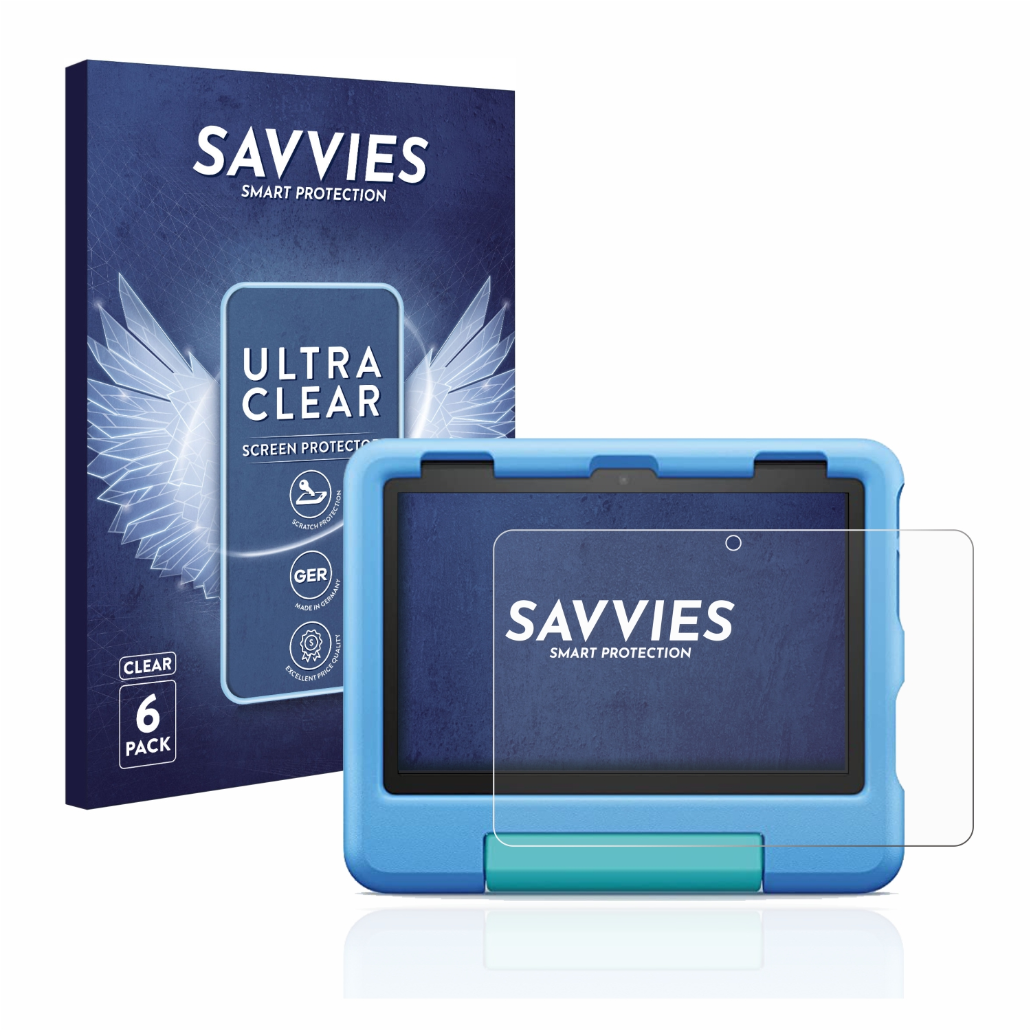 Blaue Hülle mit Tablet und Displayschutz.