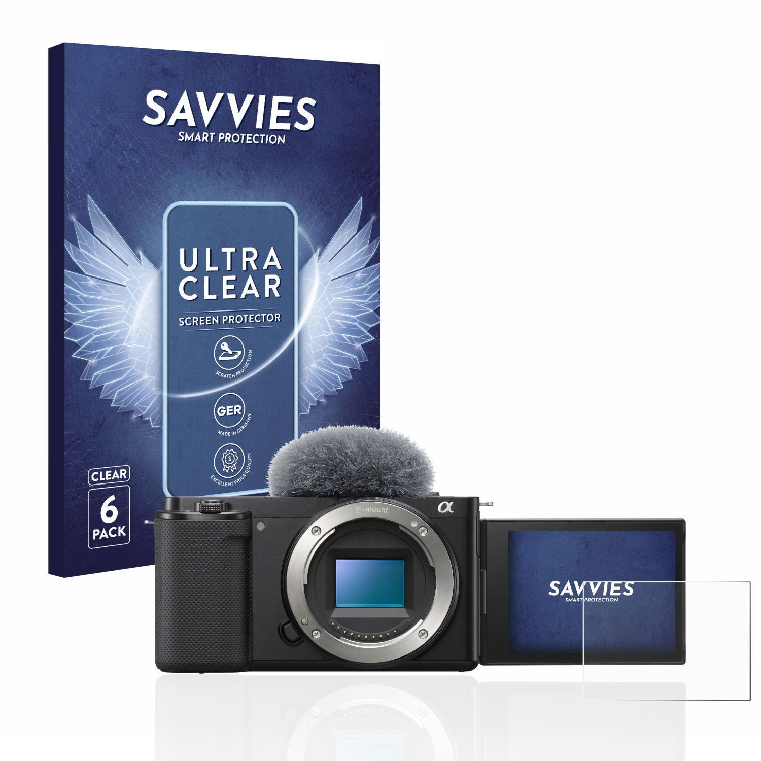 Kamera und Displayschutzfolie. Kamera mit Mikrofon und Displayschutzfolienbox mit Flügeln.