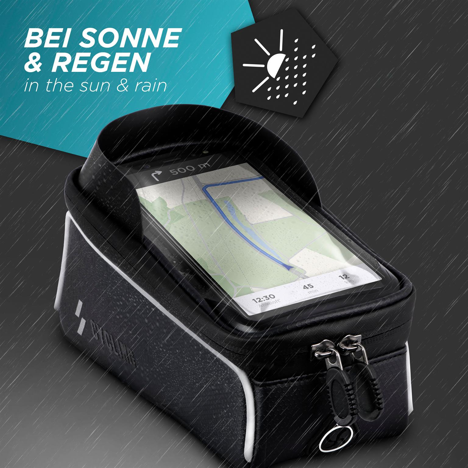 Eine schwarze Telefonhalterung mit einem Telefon darin. Der Bildschirm zeigt eine Karte unter Regen. Text lautet 'in the sun & rain'.