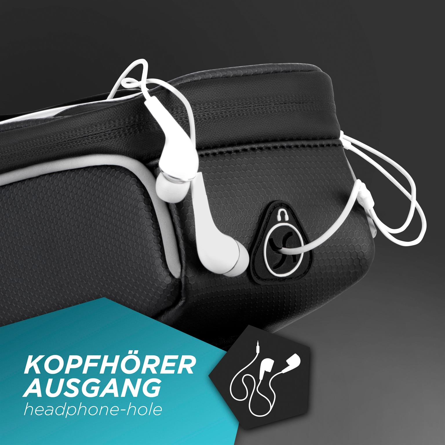 Eine schwarze Tasche mit Kopfhörerloch. Text: KOPFHÖRER AUSGANG headphone-hole.