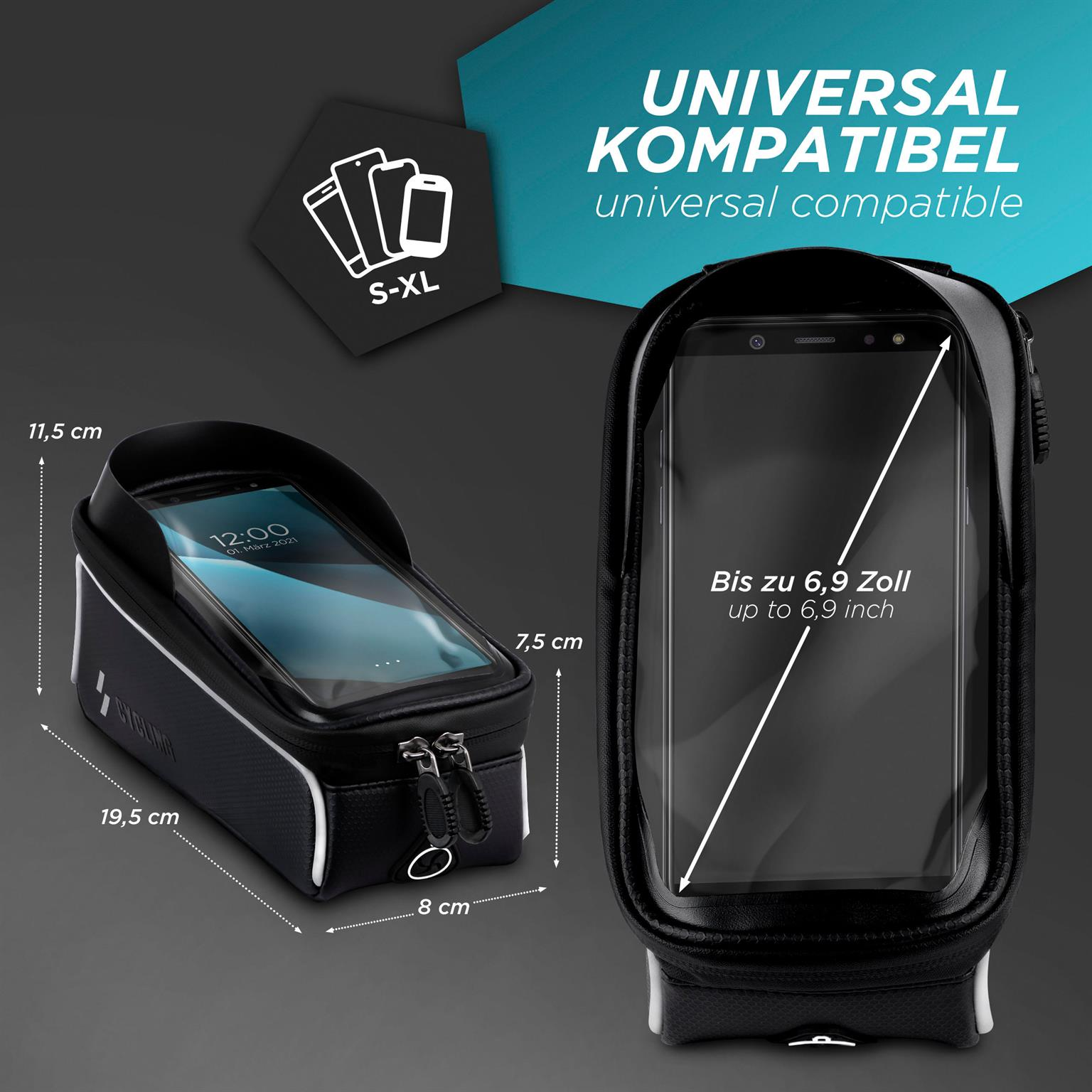 Schwarze Handyhülle mit Abmessungen. Text: Universal kompatibel, bis zu 6,9 Zoll.