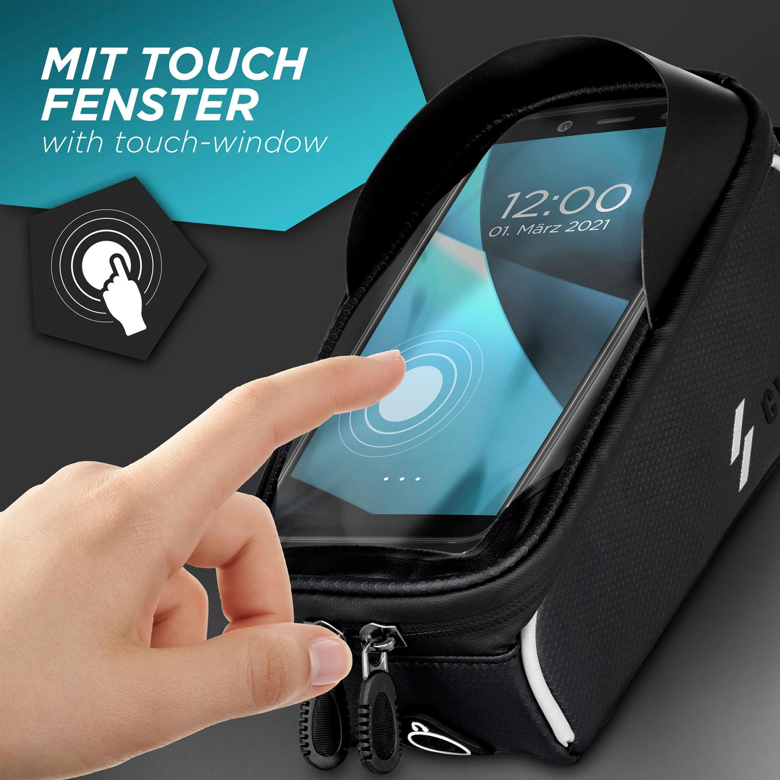 Hand berührt Telefonbildschirm in schwarzem Gehäuse. Text: 'mit Touch-Fenster'.