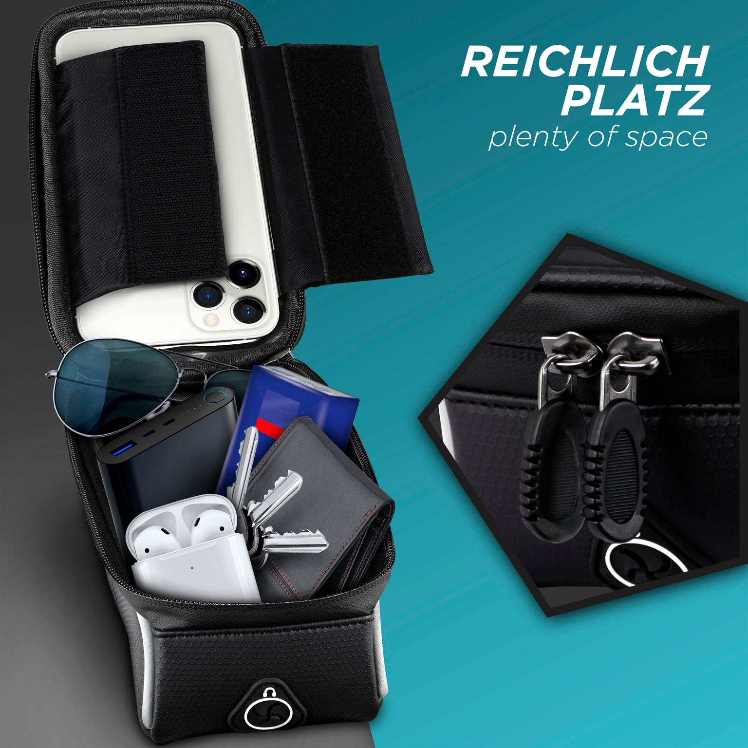 Offene Tasche mit Telefon, Schlüsseln, Geldbörse, Kopfhörern und Sonnenbrille.
