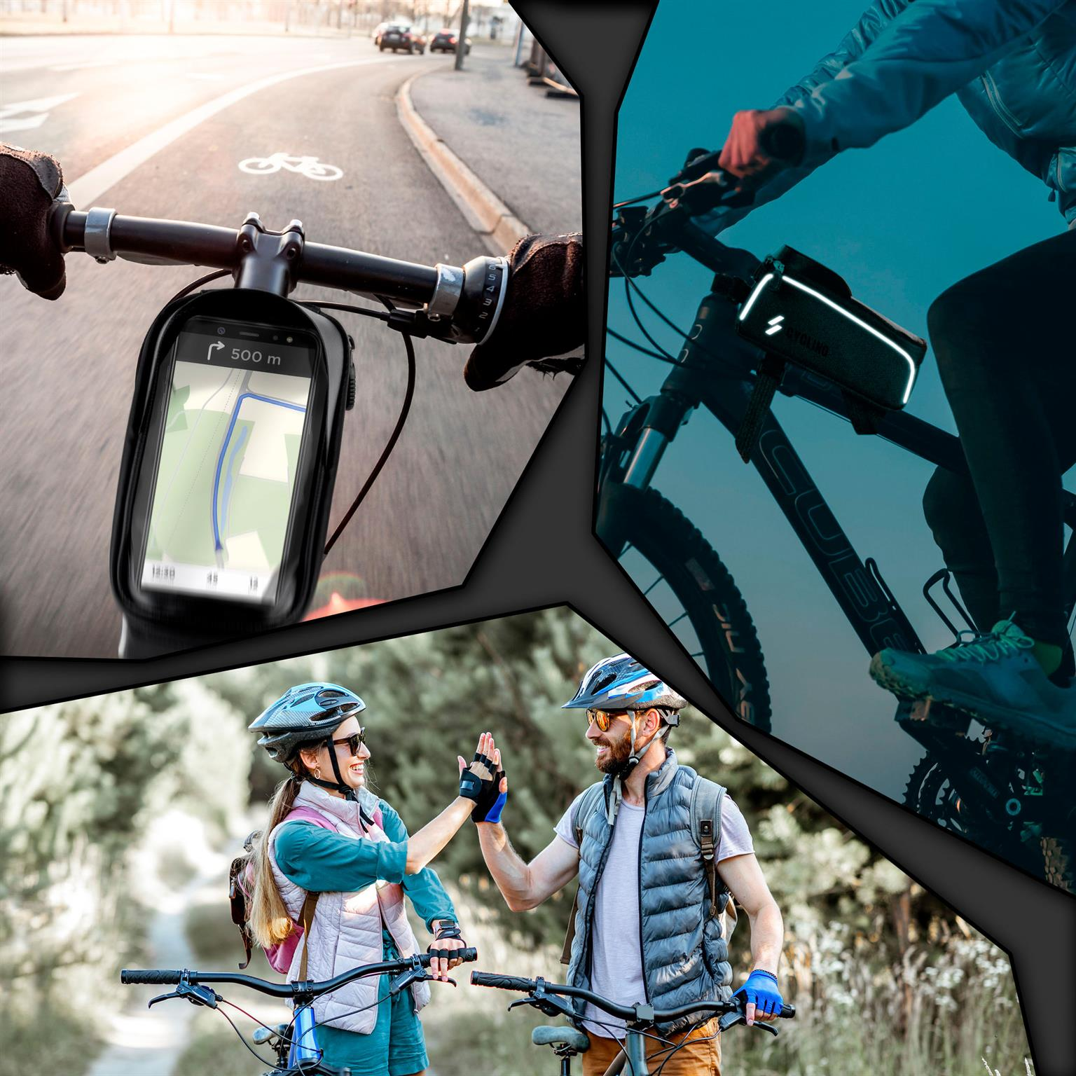 Collage von Radfahrern, einer mit Telefonkarte, andere geben High Five, alle radfahren.