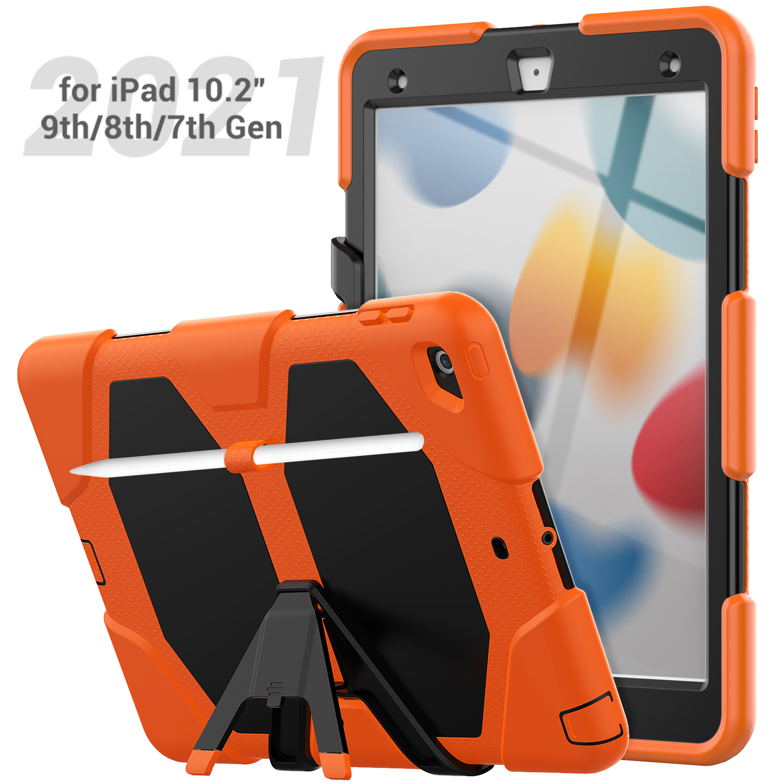 Orangefarbene und schwarze Schutzhülle für ein iPad, mit einem Stift und einem Ständer.