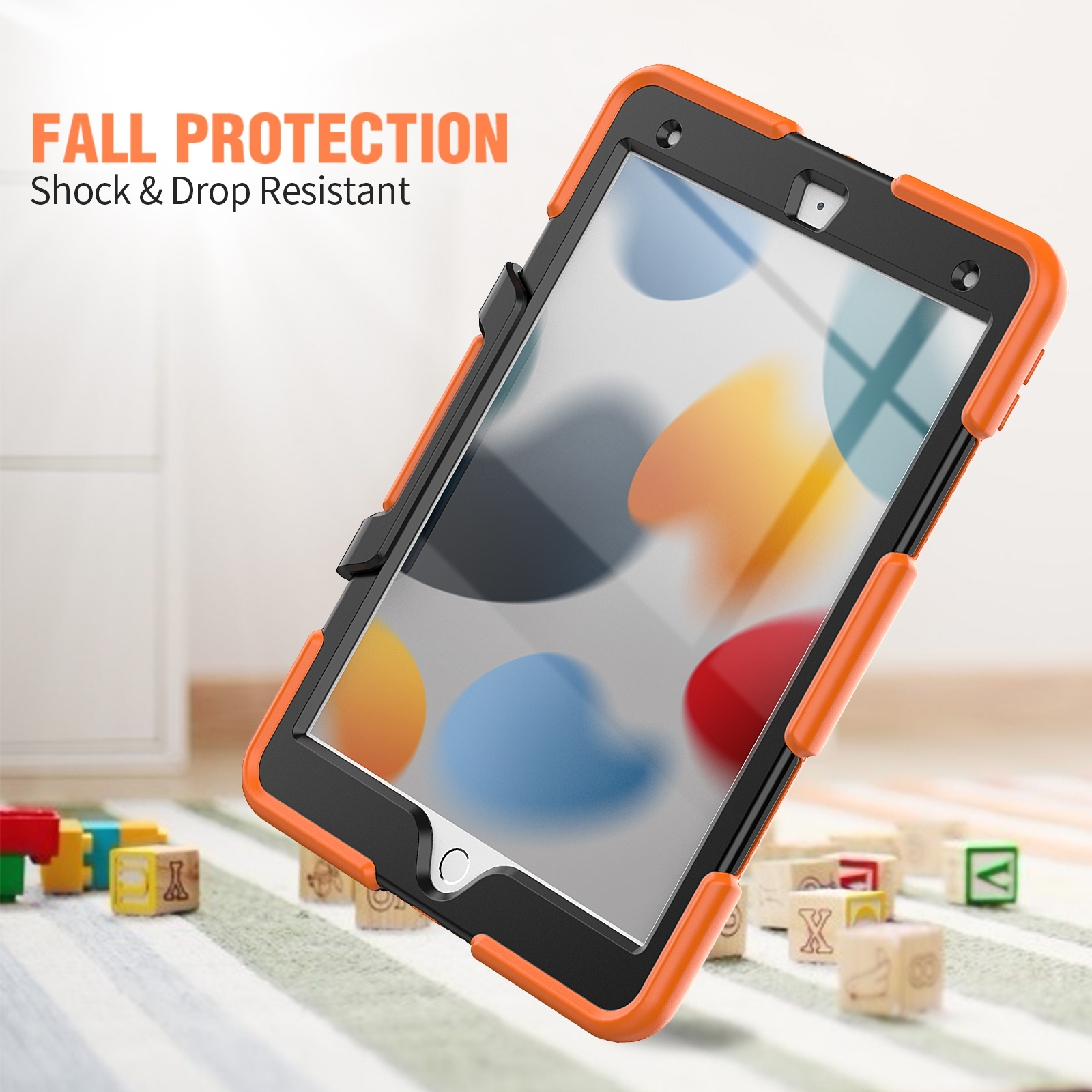 Orange-schwarze iPad-Hülle mit Holzblöcken, bunten Blöcken und dem Text Sturzschutz.