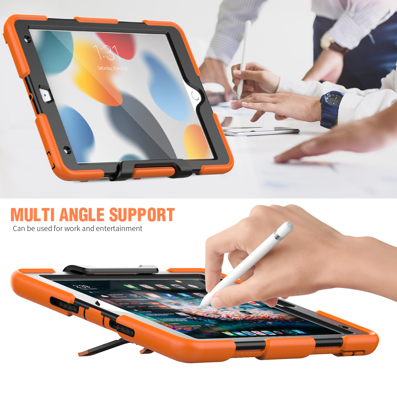 Eine orangefarbene Tablethülle mit einem Tablet darin. Multi-Winkel-Unterstützung. Personen im Hintergrund.