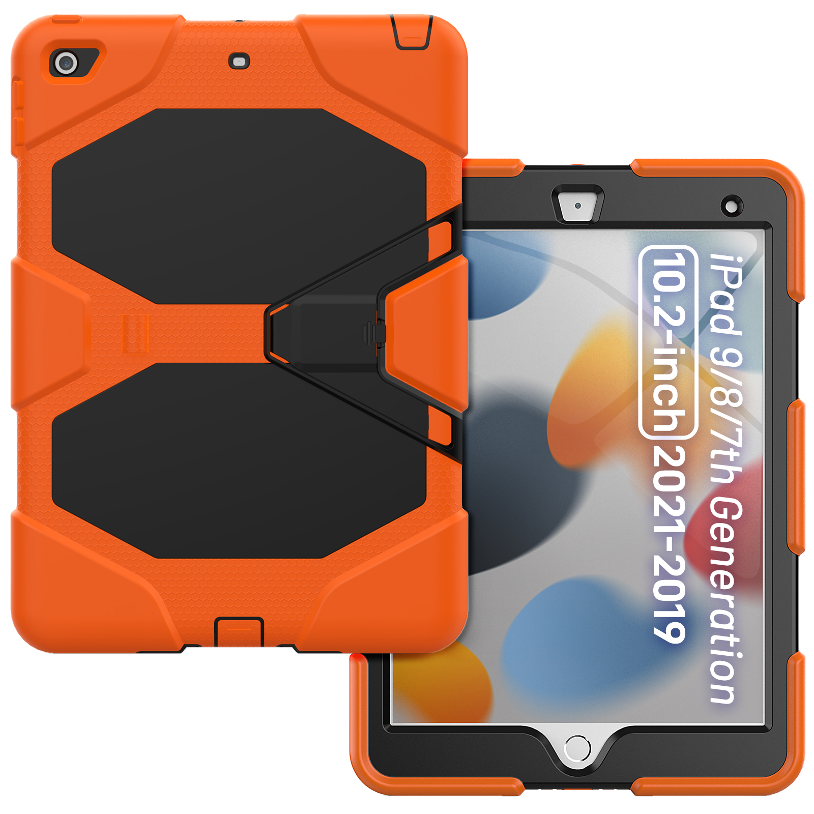 Eine orange-schwarze Schutzhülle für ein iPad, geöffnet, um den Bildschirm anzuzeigen.