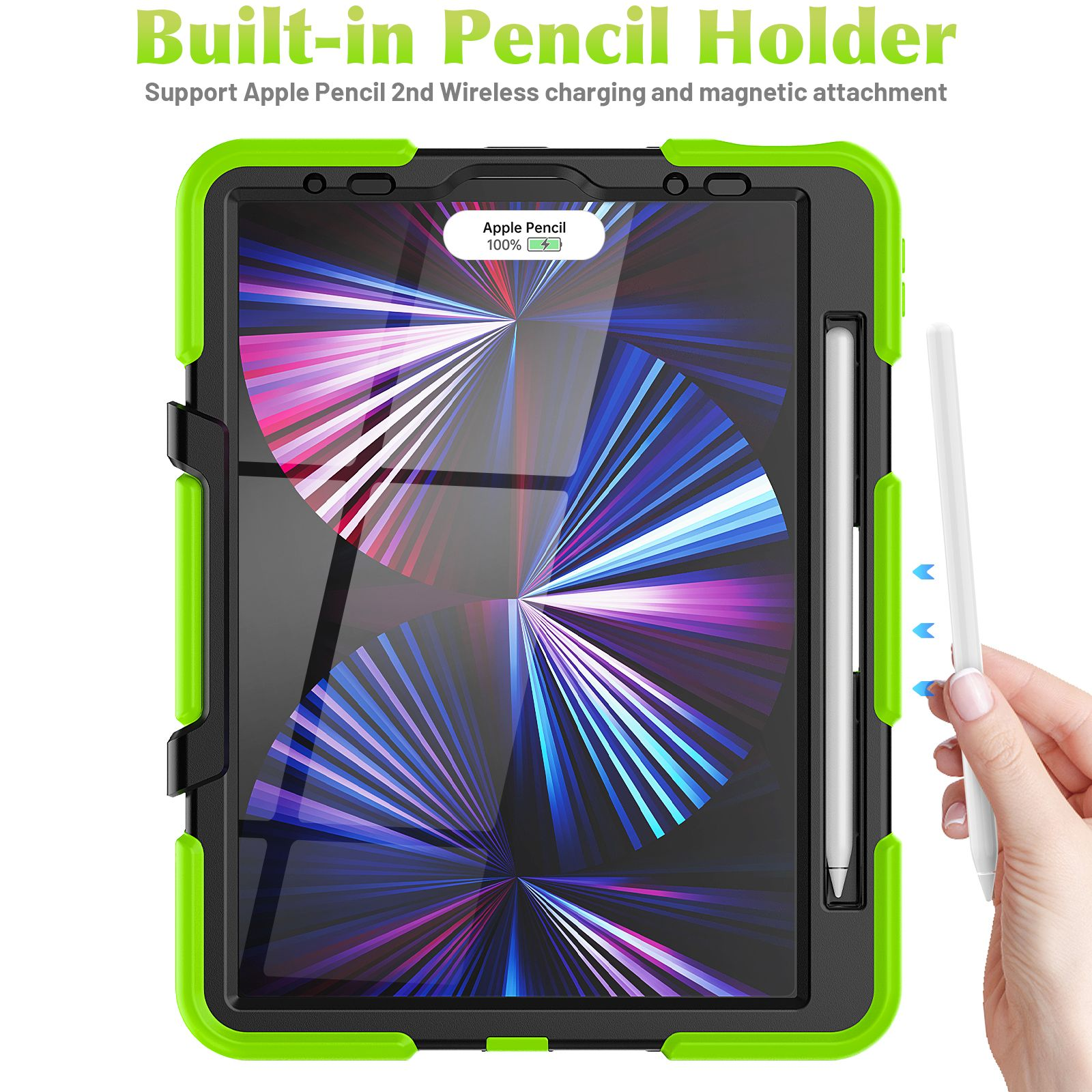 Tablet-Hülle mit grünem Rahmen. Es hat einen eingebauten Stifthalter und einen Apple Pencil.