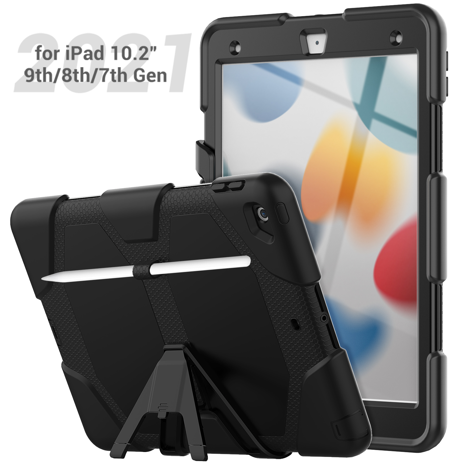 Schwarze iPad-Hülle mit Ständer und Stift. Das iPad befindet sich in der Hülle.