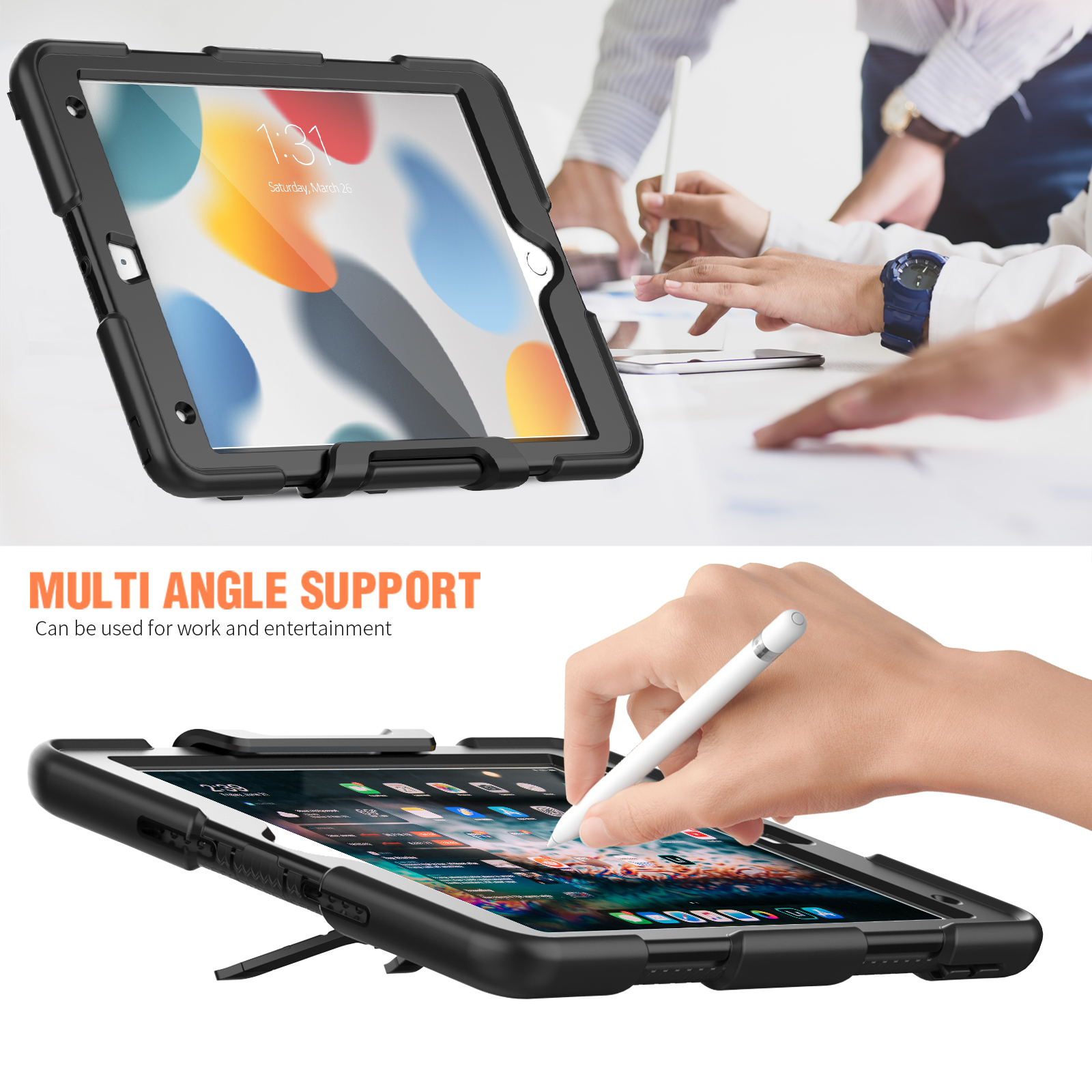 Ein schwarzes Tablet in einer Hülle mit einer Hand, die einen Stift benutzt. Text: Multi-Winkel-Unterstützung.