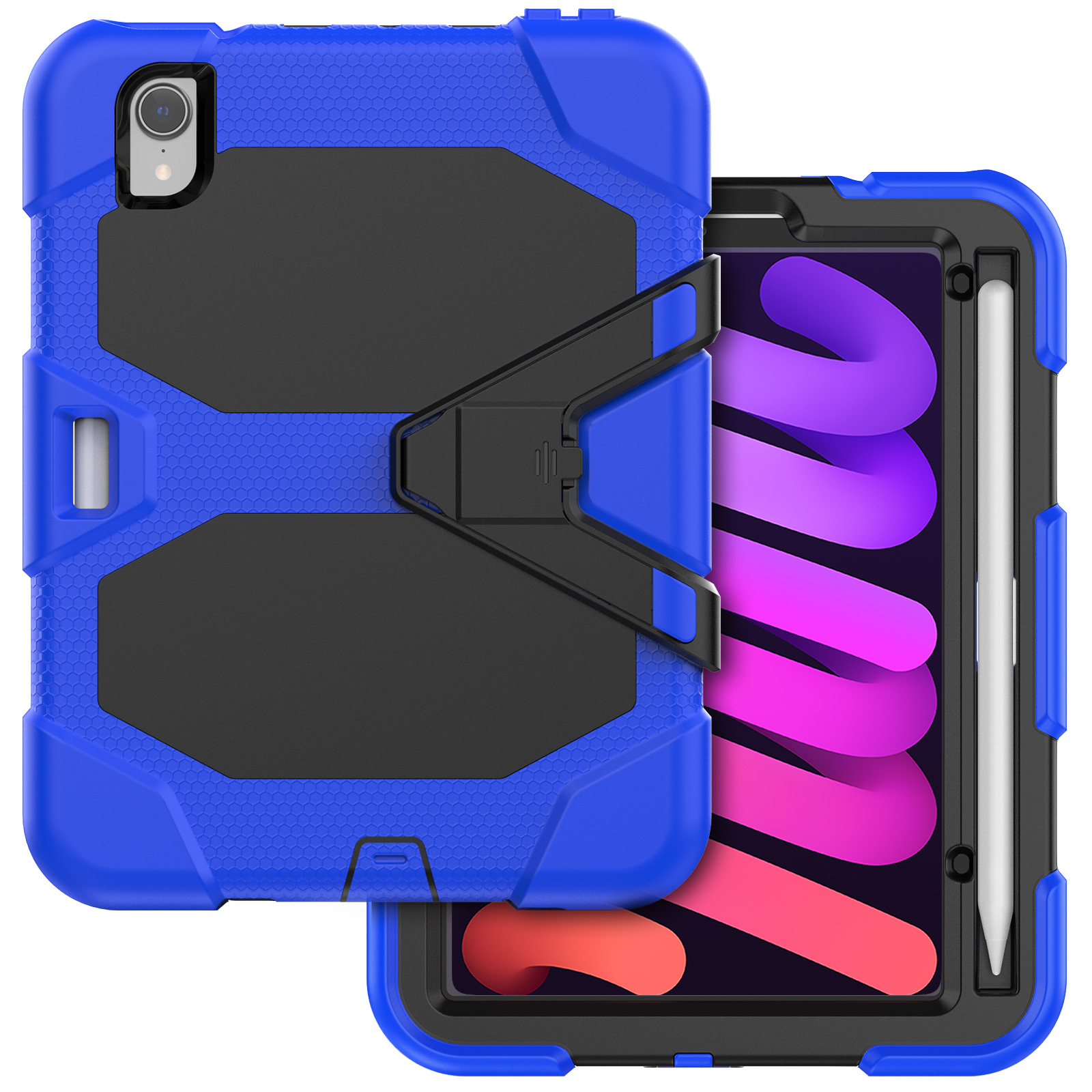 Blaue und schwarze Tablethülle mit iPad und Stift. Die Hülle hat eine Stützfunktion.