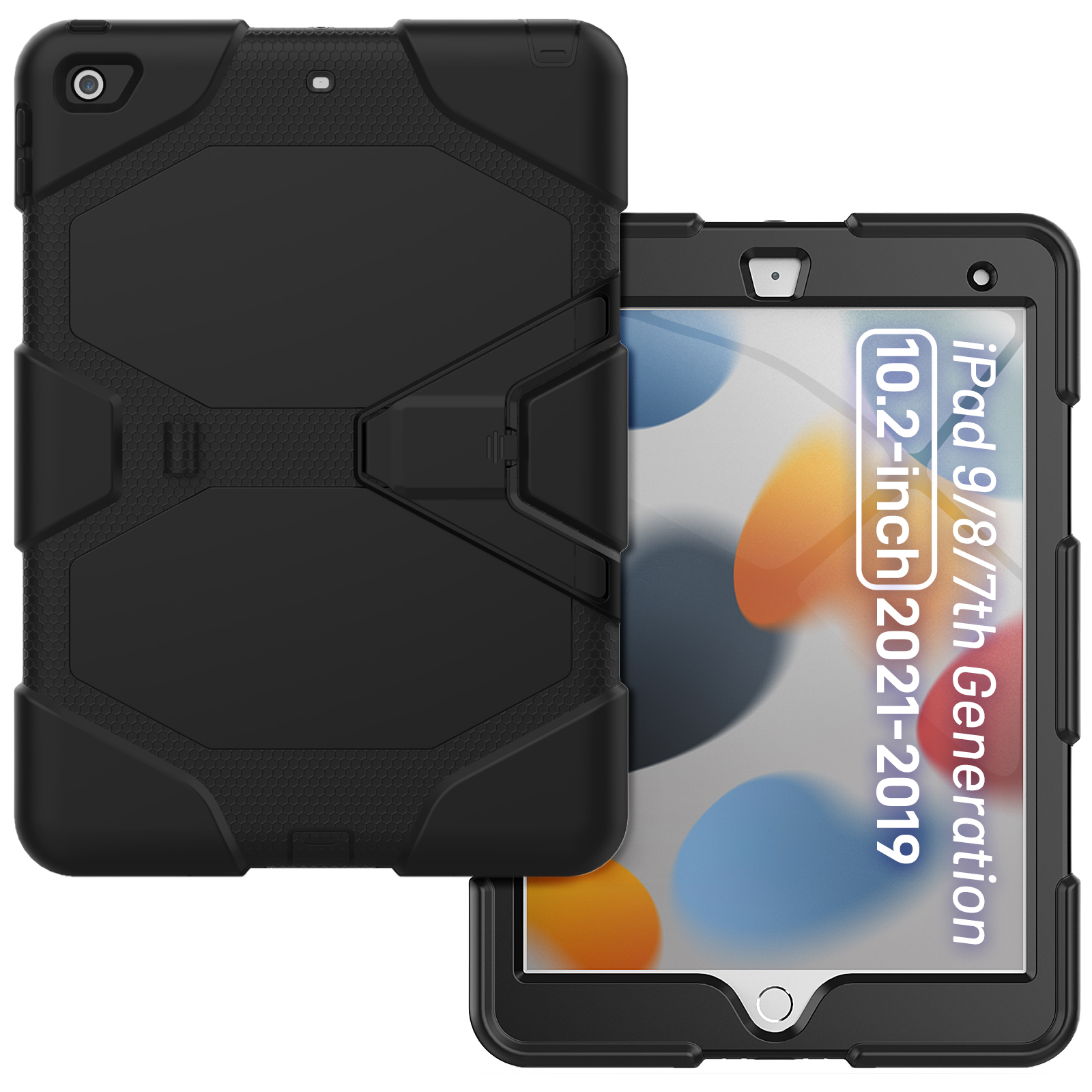 Schwarze Tablet-Hülle, geöffnet, um ein Tablet zu zeigen. Text: iPad 9/8/7th Generation 10,2 Zoll 2021-2019.