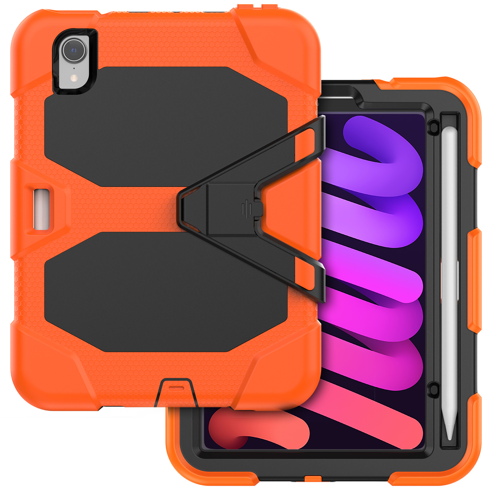Orangefarbene und schwarze Tablethülle mit Ständer. Tablet im offenen Gehäuse sichtbar.