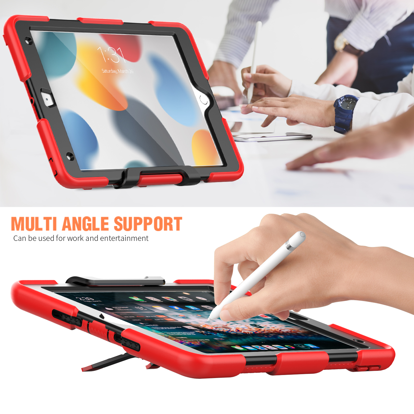Tablet in roter Hülle mit Ständer. Person benutzt Stift auf dem Tablet.