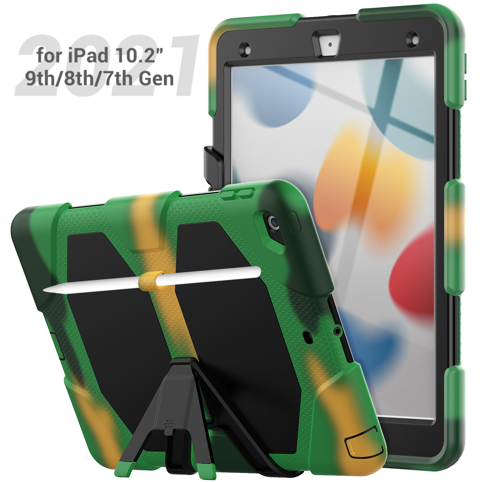 Ein iPad in einer robusten grün-gelben Hülle mit Ständer.