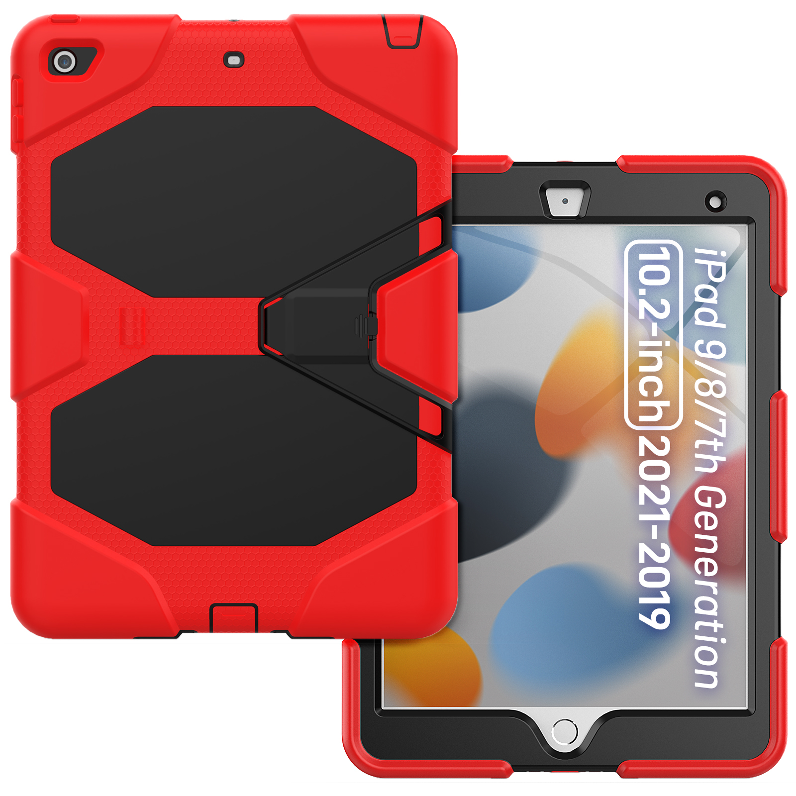 Rote und schwarze iPad-Hülle, geöffnet, um das iPad zu zeigen. Text lautet 'iPad 9/8/7th Generation 10.2-inch 2021-2019'.