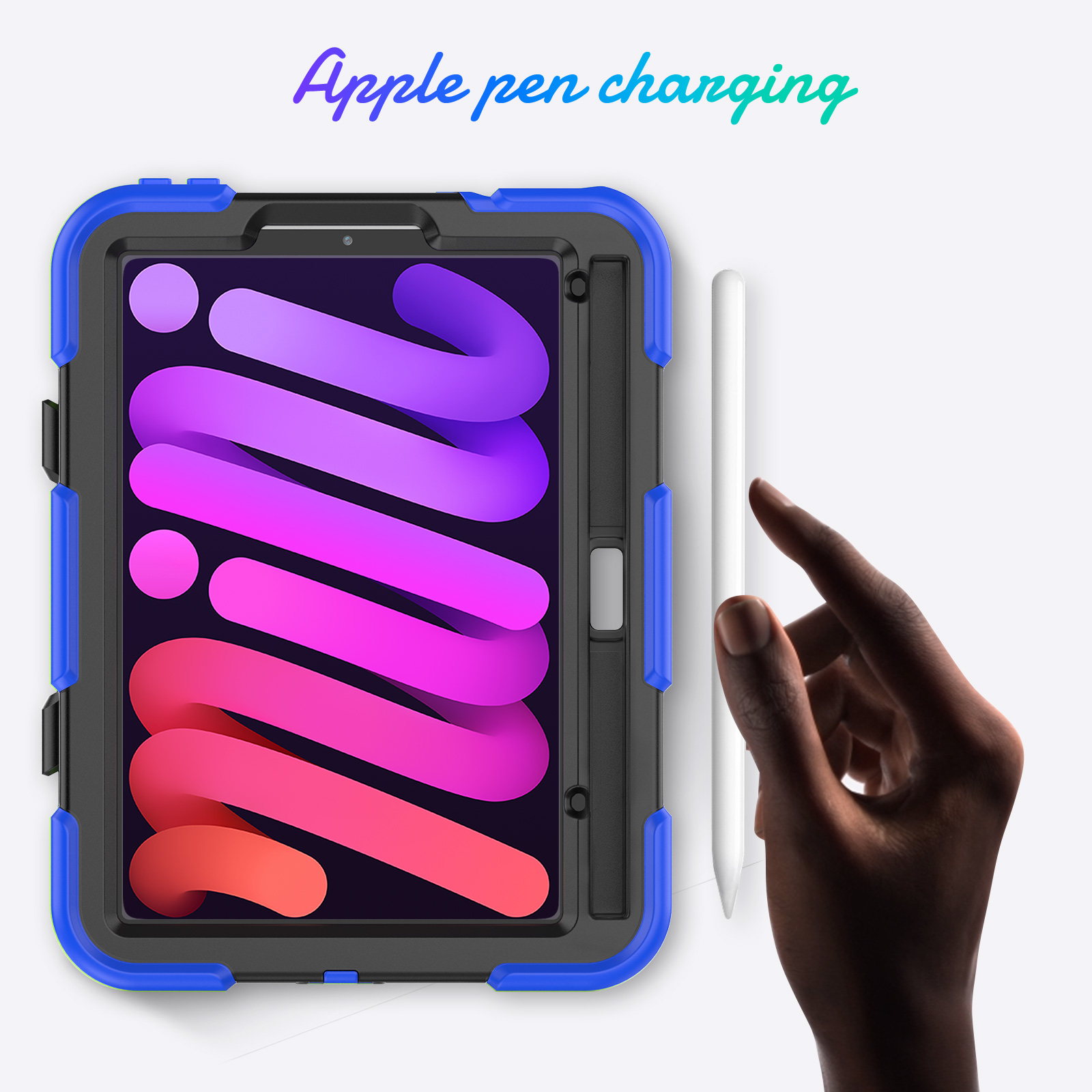 Blaue und schwarze Tablethülle mit Stift. Text 'Apple pen changing' steht über dem Tablet.