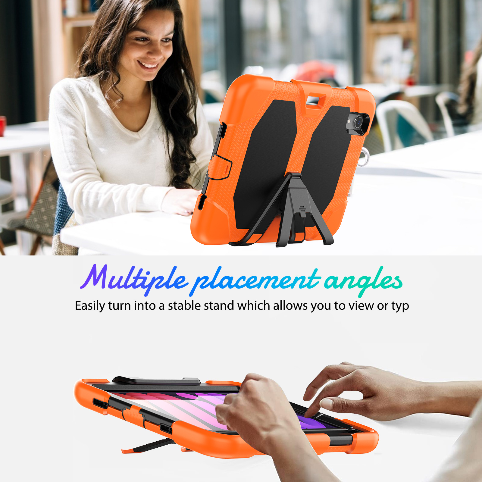 Tablet in einer orangefarbenen Hülle mit Ständer. Text sagt 'Mehrere Platzierungswinkel' auf weißem Hintergrund.