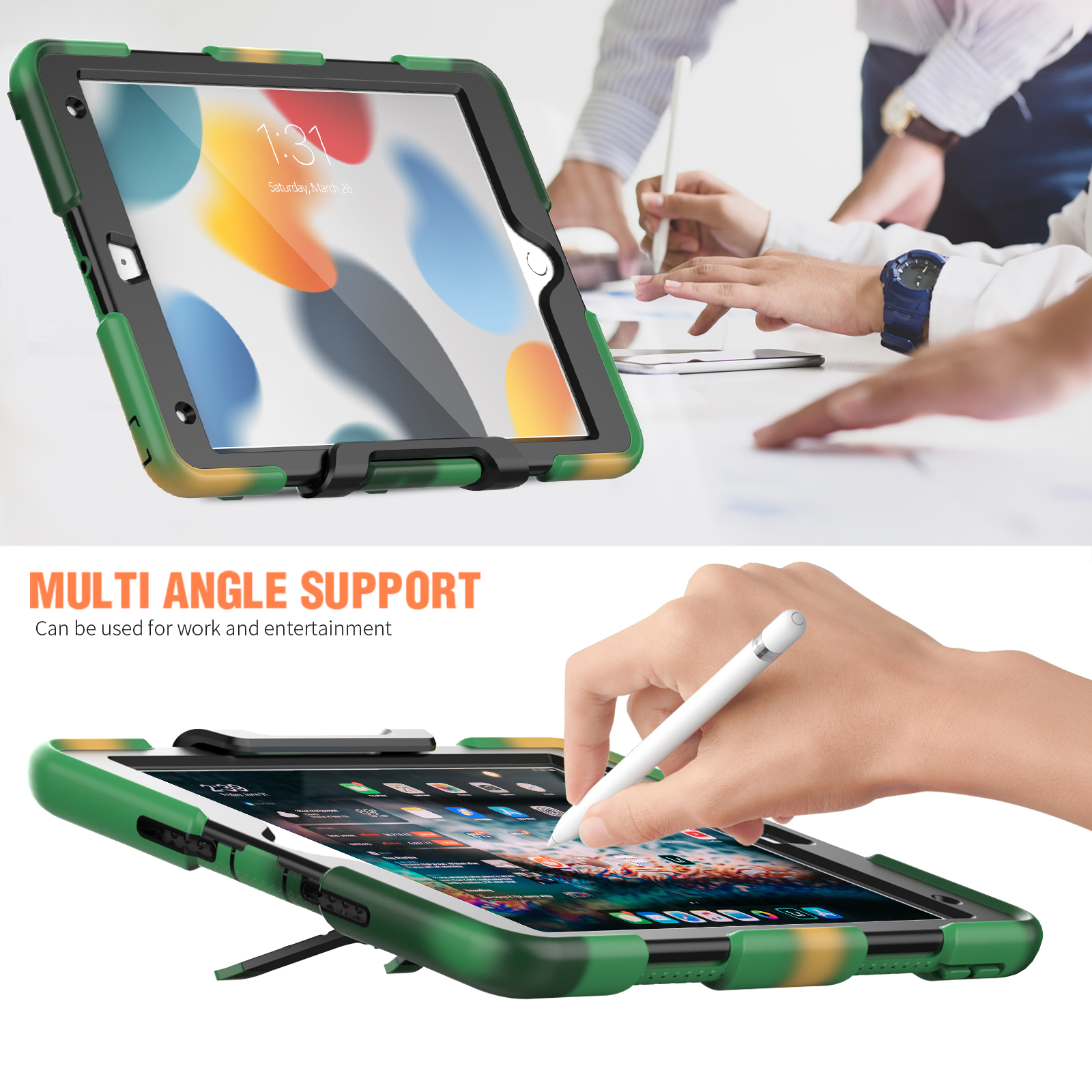 Eine grün-schwarze Tablethülle mit Stift, Multi-Winkel-Unterstützung.