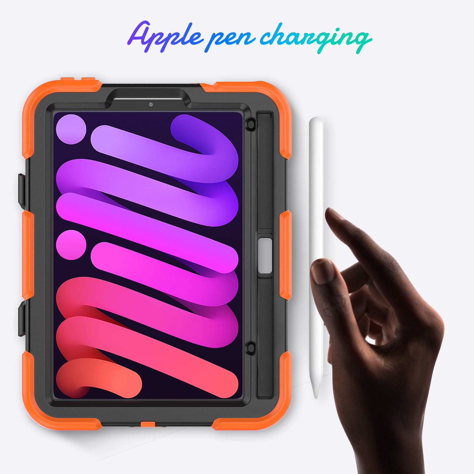 Eine orangefarbene und schwarze iPad-Hülle mit einem weißen Stift. Der Hintergrund ist weiß mit dem Text Apple Pen Changing.