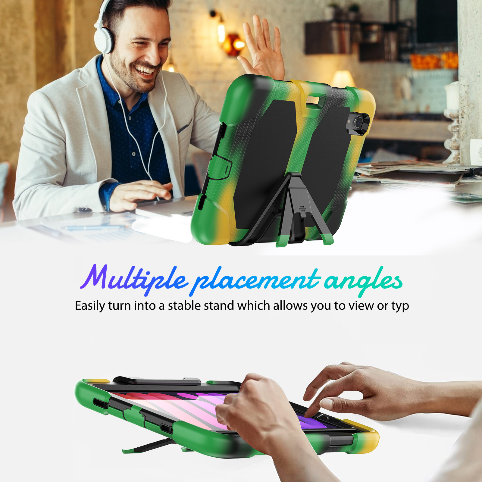 Mann mit Headset, schaut auf Tablet-Hülle. Unten: Hülle gefaltet.