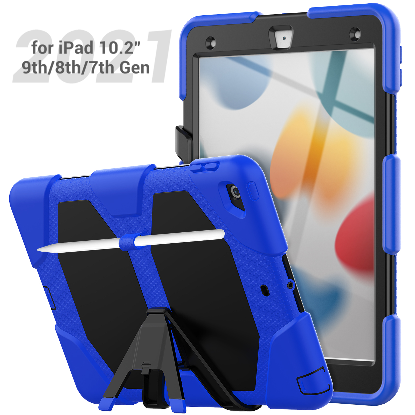 Blaue und schwarze iPad-Hülle mit Ständer, Text zeigt iPad-Modell und Generation.