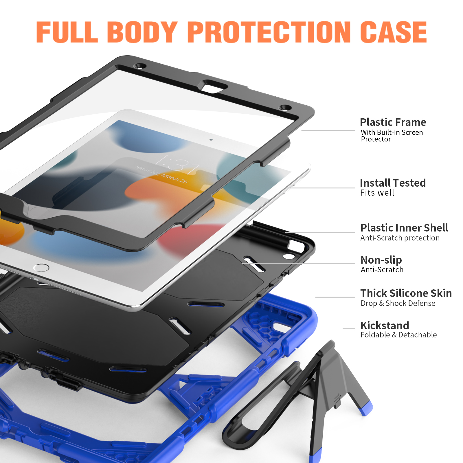 Diagramm einer Ganzkörperschutzhülle für ein Tablet. Es hat einen Kunststoffrahmen, eine Innenschale und eine Silikonhaut.