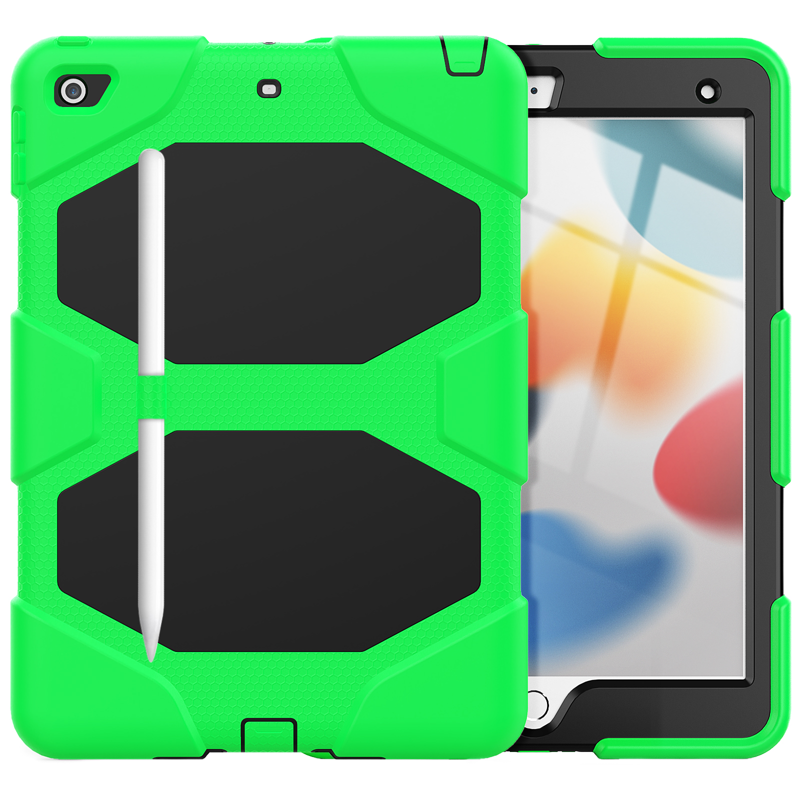Grüne Tablet-Hülle mit weißem Stift. Tablet-Bildschirm zeigt buntes Design.