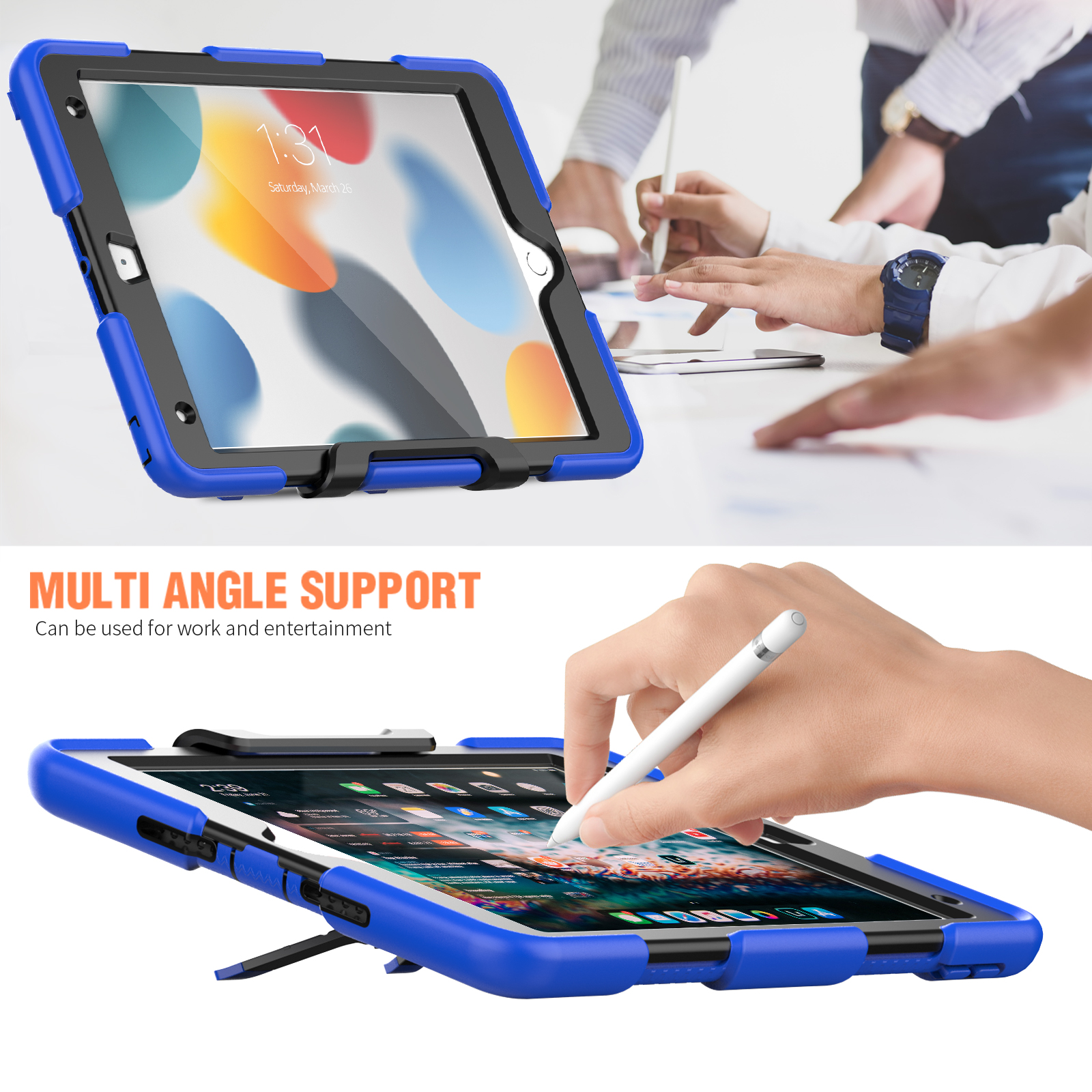Tablet in blauem Gehäuse mit Stift, Multi-Winkel-Unterstützung und Text.