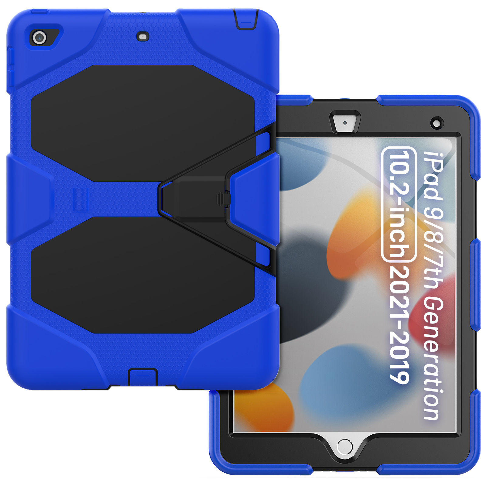 Blaue und schwarze iPad-Hülle. Die Hülle ist geöffnet und zeigt den iPad-Bildschirm.