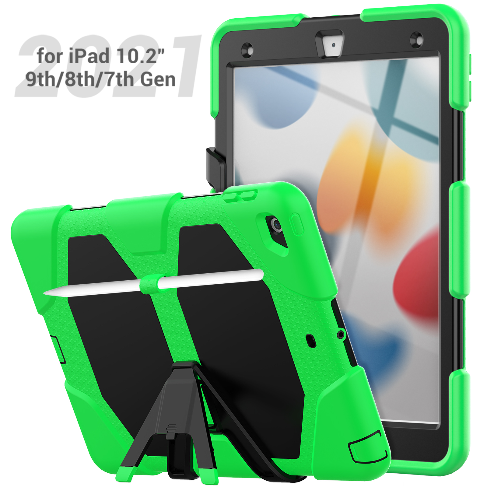 Grüne iPad-Hülle mit Ständer. Text: for iPad 10.2" 9th/8th/7th Gen.