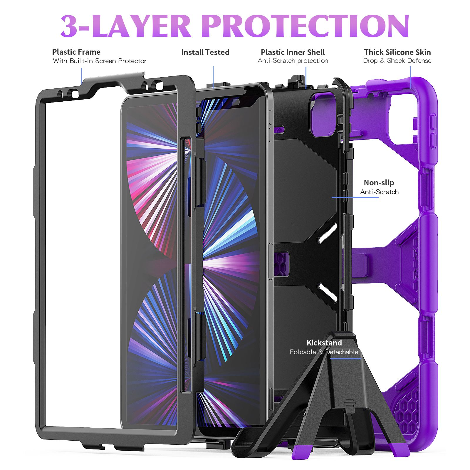 LOBWERK 3in1 Outdoor Schutzhülle 2020/2021/2022 Air Case Apple iPad Bookcover Kunststoff, Pro 11 für 4 Lila