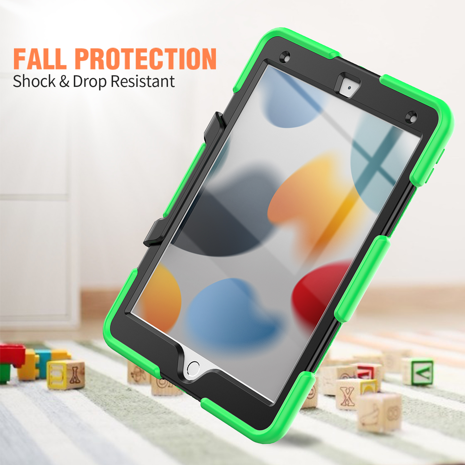 Grüne und schwarze Tablethülle mit dem Text 'Fall Protection'.