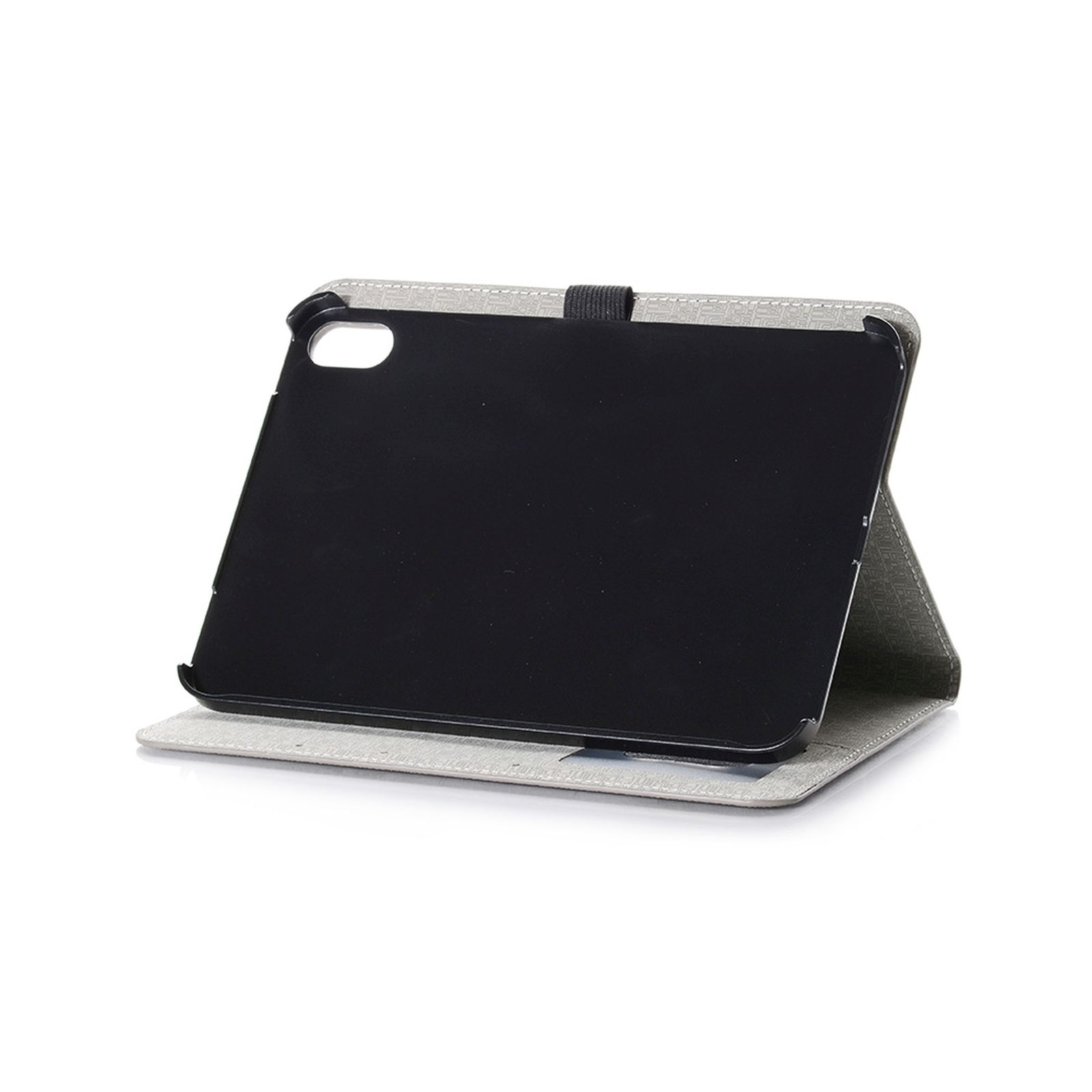 Eine graue Tablethülle, offen, mit dem Tablet darin.