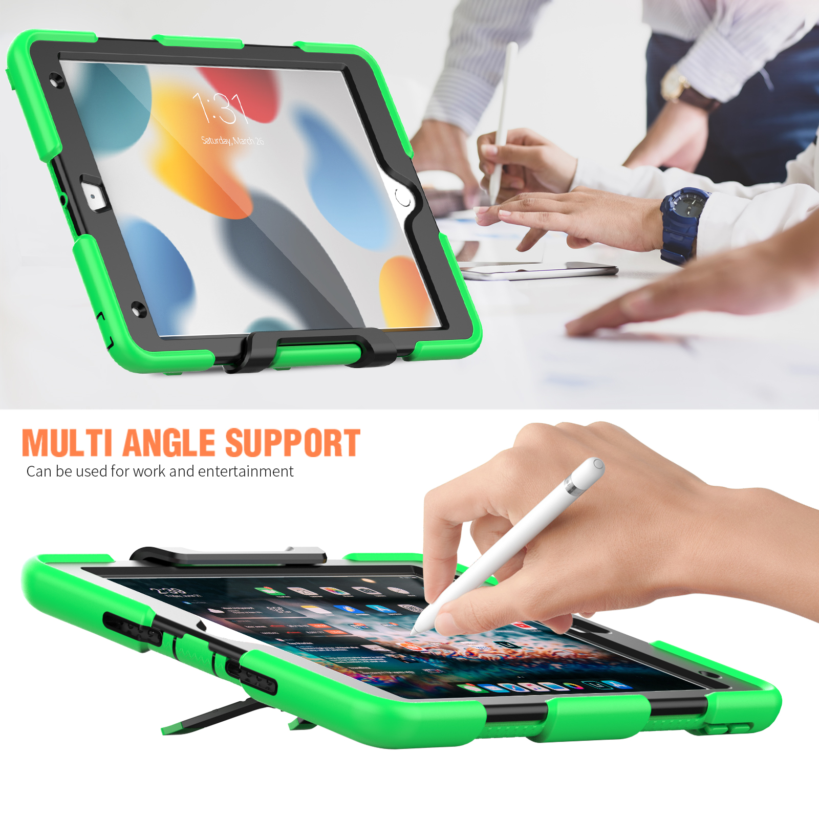 Grüne Tablethülle mit Tablet. Zwei Personen im Hintergrund zeichnen auf einem Tablet.