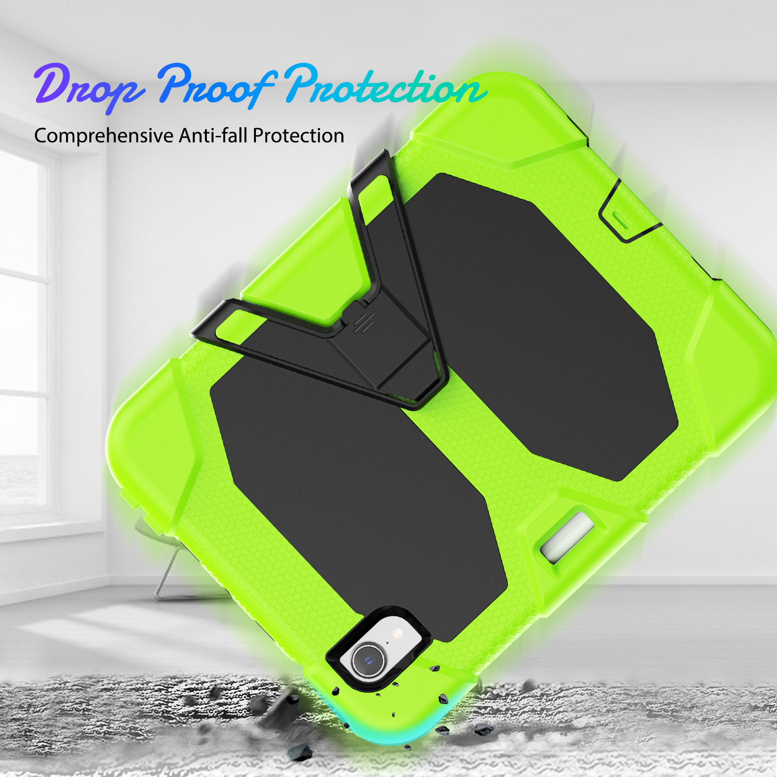 Tablet-Hülle. Grün-schwarzes Design mit Ständer. Text: 'Drop Proof Protection'.