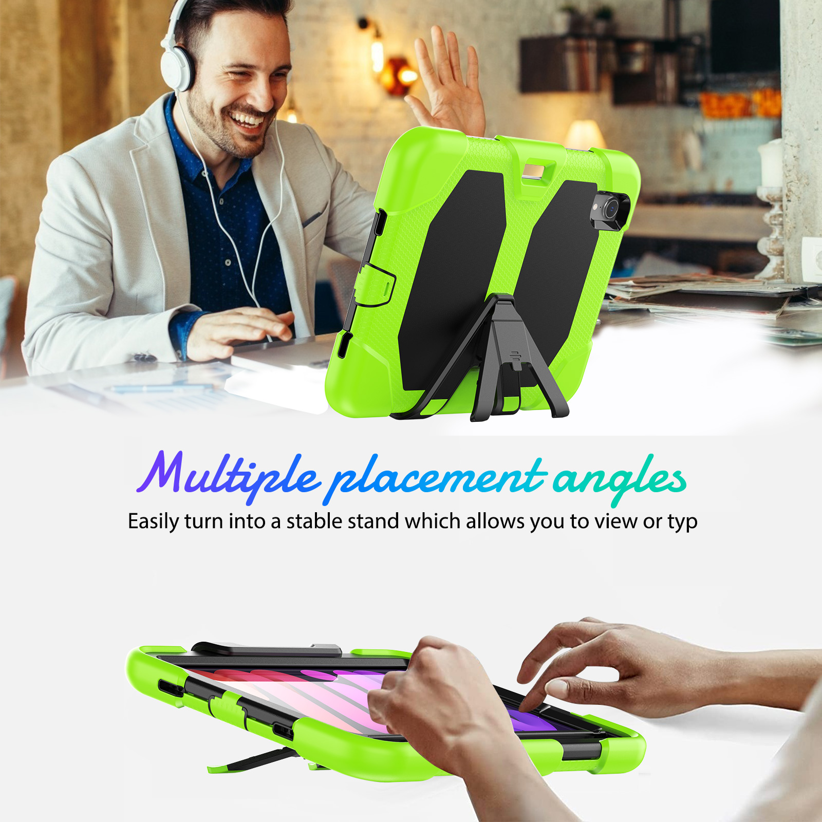 Mann mit Headset winkt. Vor ihm ist eine grün-schwarze Tablet-Hülle. Mehrere Platzierungswinkel Text wird angezeigt.