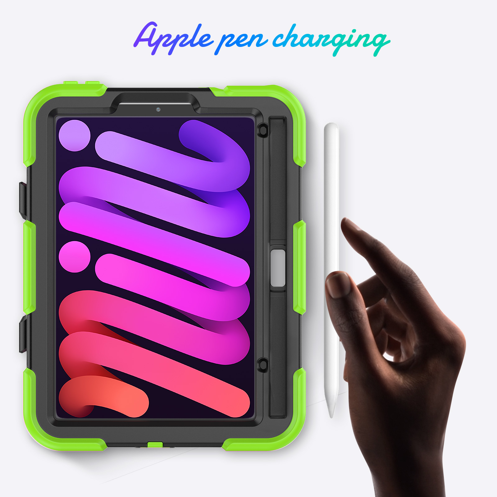 Tablet im Gehäuse mit grünen Kanten, eine Hand hält einen weißen Stift. Text: Apple Stift aufladen.
