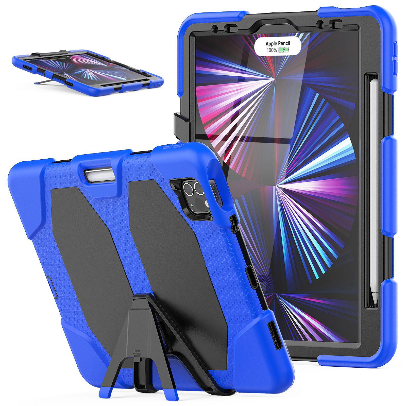 Eine blaue Tablethülle, mit dem Tablet in verschiedenen Winkeln, mit einem Stift.