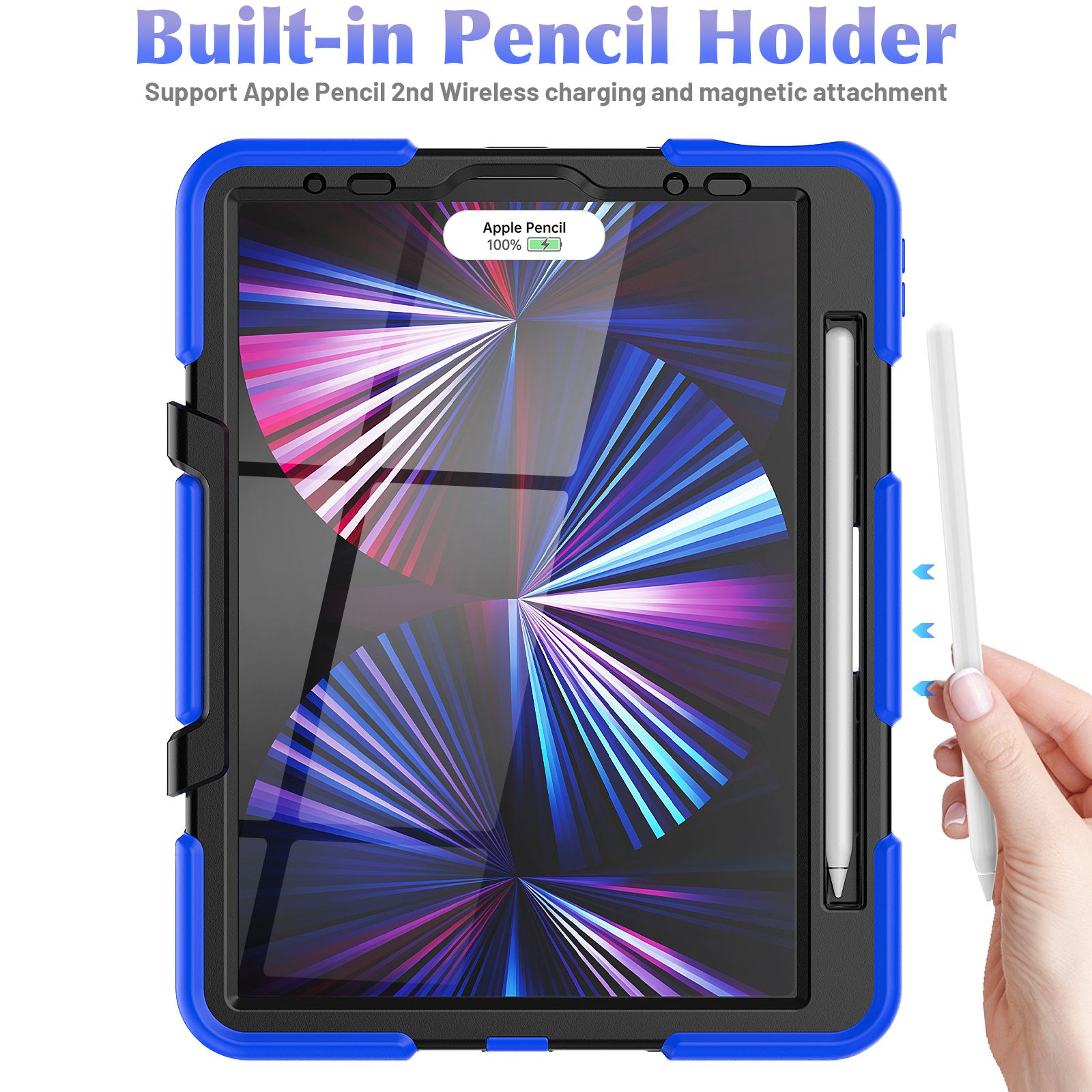 Tablet mit blau-schwarzem Gehäuse, mit Apple Pencil. Der Stift wird geladen.