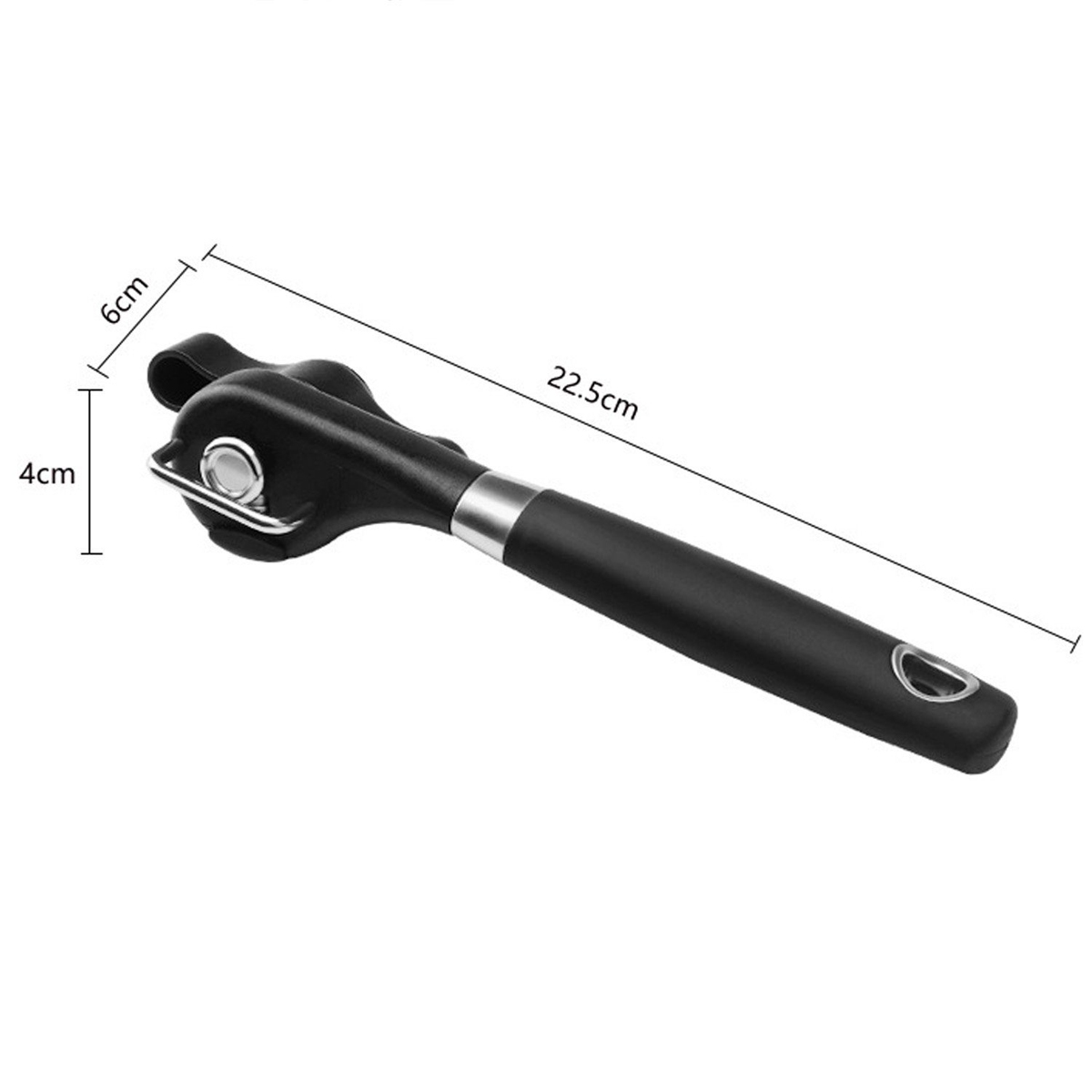 Schwarzer Dosenöffner mit Größenangaben: 6cm, 4cm und 22,5cm. Der Öffner liegt auf weißem Untergrund.