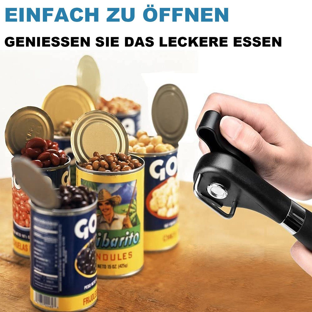 Mehrere Essensdosen, eine wird mit einem Dosenöffner geöffnet.